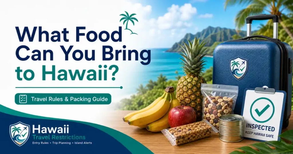 What food can you bring to Hawaii travel guide image with fruit, packaged food, and Hawaii declaration rules